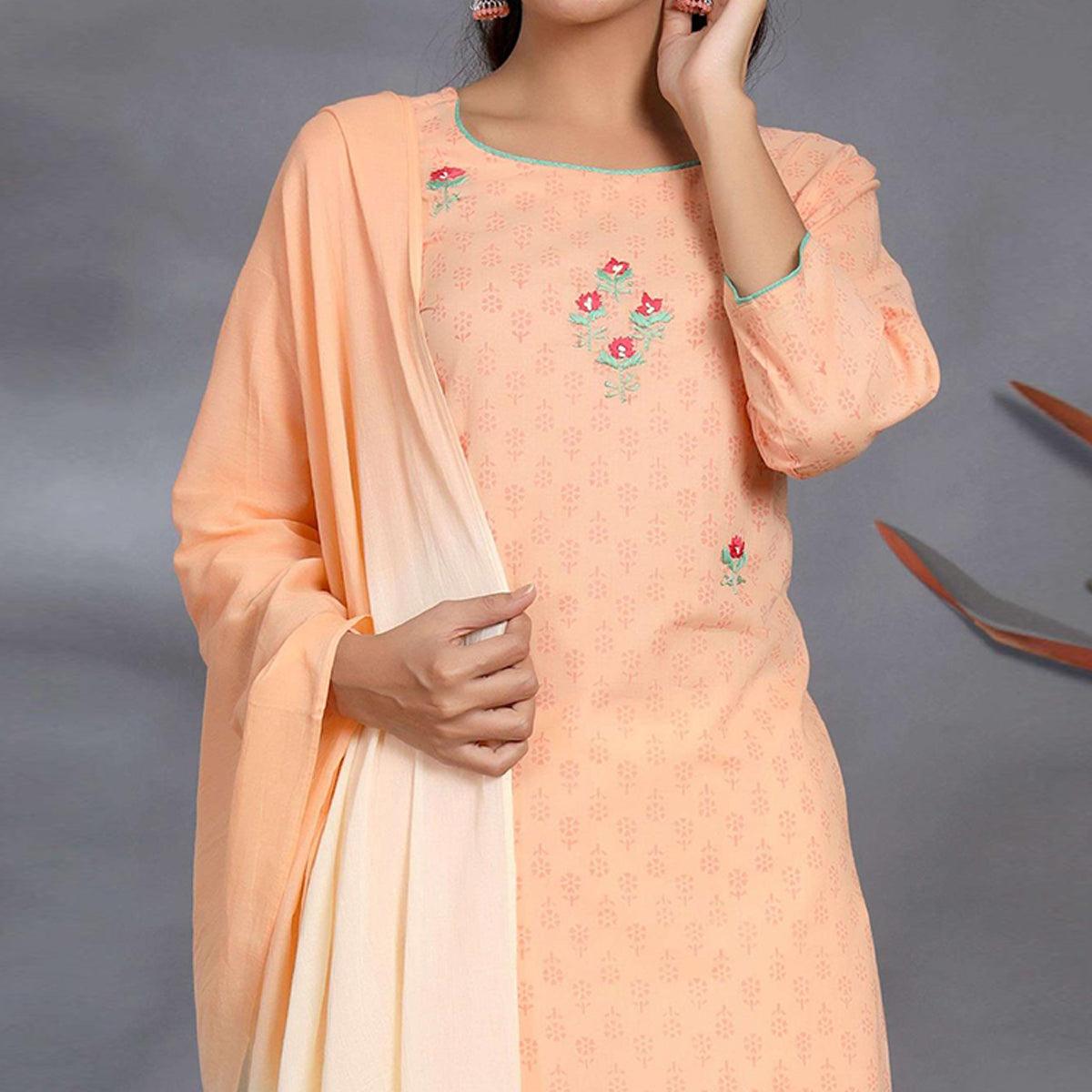 peach casual wear printed cotton kurti pant set with dupatta peachmode 3